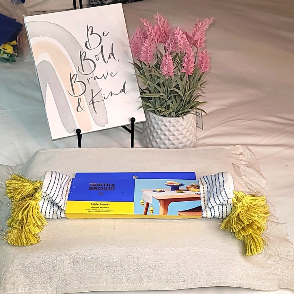 Tabitha Brown Table Runner with Yellow Tassel Trim Table Linen trendy - Picture 3 of 8